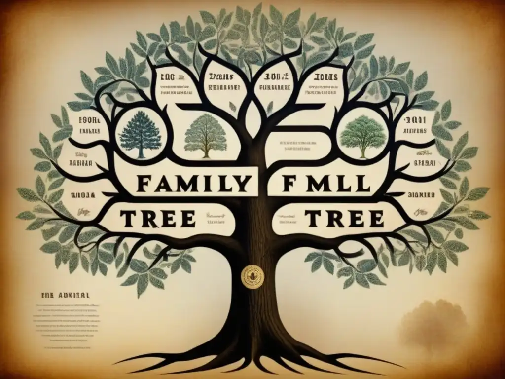 Un antiguo árbol genealógico detallado con caligrafía mostrando historia de apellidos y genealogía