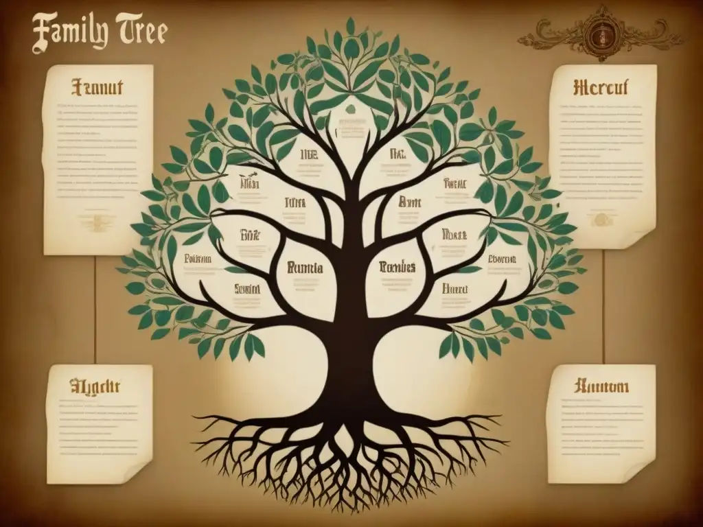 Un antiguo árbol genealógico detallado con símbolos de haplogrupos, documentos históricos y retratos ancestrales, en tonos tierra envejecidos