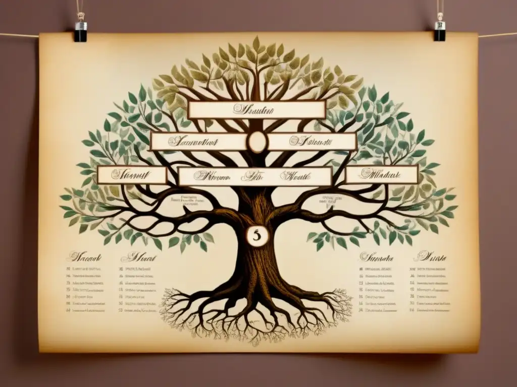 Un antiguo árbol genealógico detallado en pergamino, mostrando una historia de apellidos y genealogía con elegante caligrafía en tinta desvaída