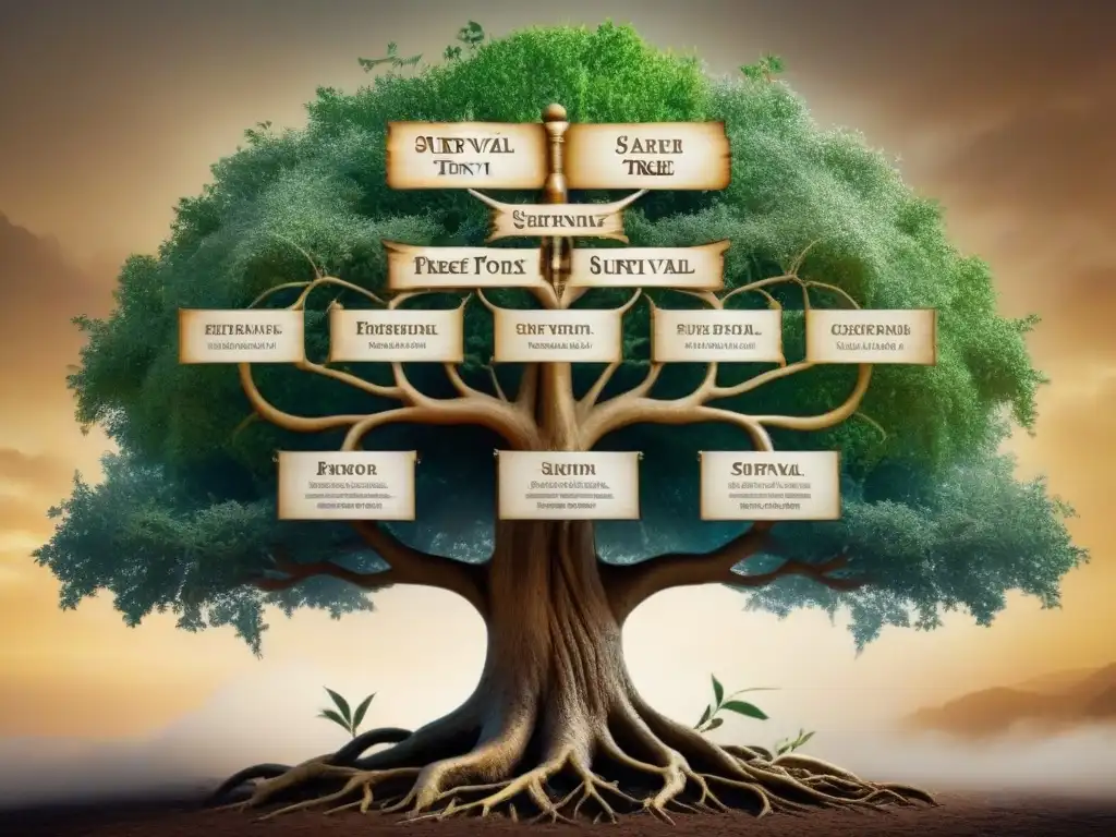 Un antiguo árbol genealógico detallado con símbolos de supervivencia y resistencia entre ramas y raíces, resaltando historias de apellidos