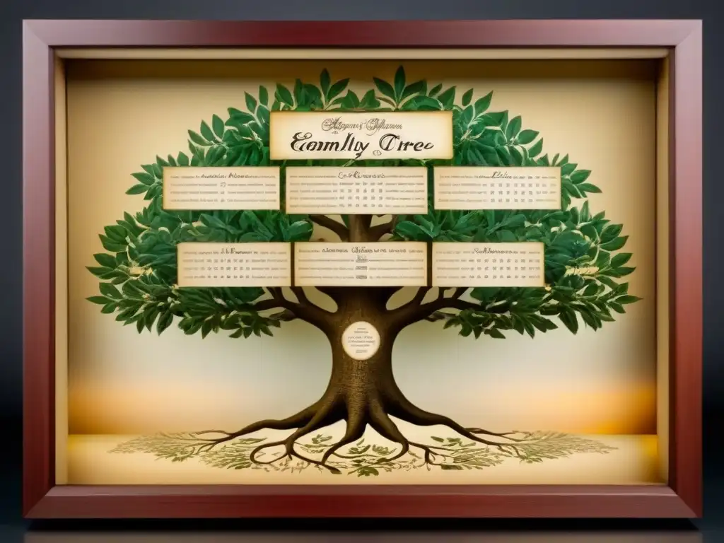 Antiguo árbol genealógico detallado con caligrafía, rodeado de motivos florales, evocando historia y tradición de apellido