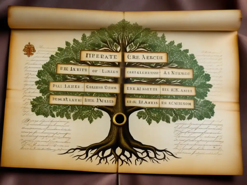 Un antiguo árbol genealógico detallado de la familia Iriarte en pergamino envejecido, con caligrafía y tonos sepia desgastados