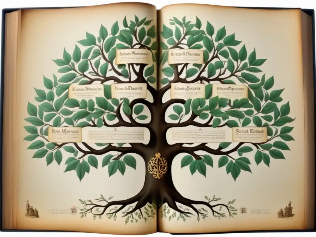 Un antiguo árbol genealógico detallado de la historia del apellido Lugones, con caligrafía ornamental y escenas medievales entrelazadas