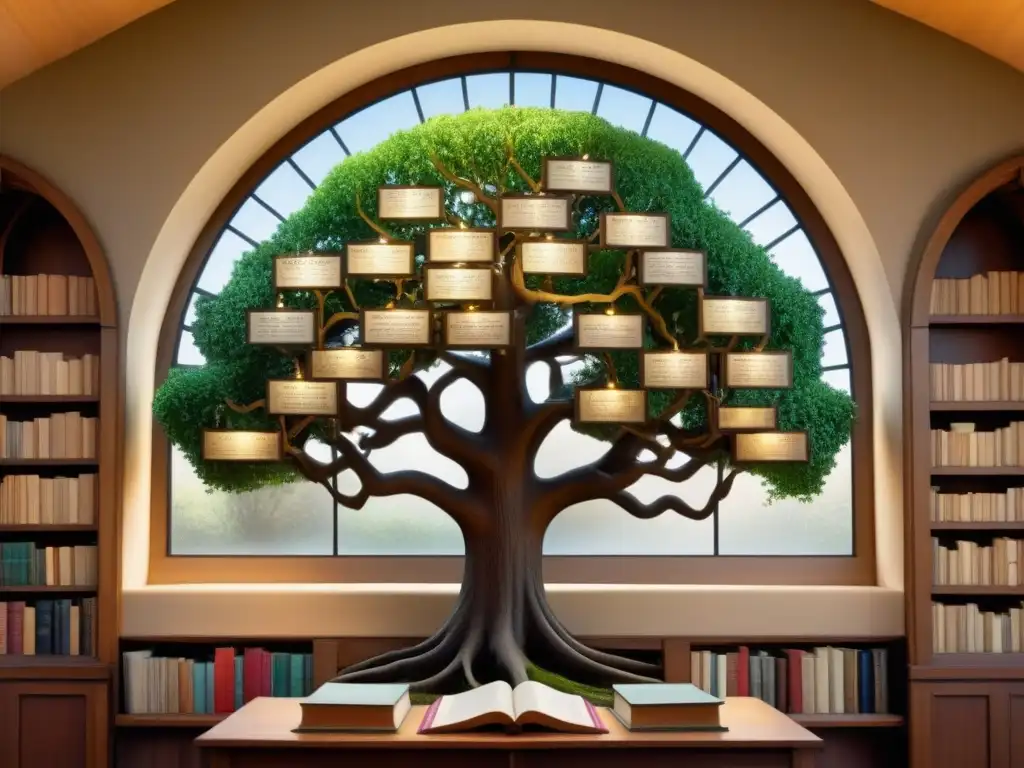 Un antiguo árbol genealógico detallado con los apellidos O'Reilly y Ochoa, rodeado de documentos históricos y retratos sepia en una biblioteca antigua