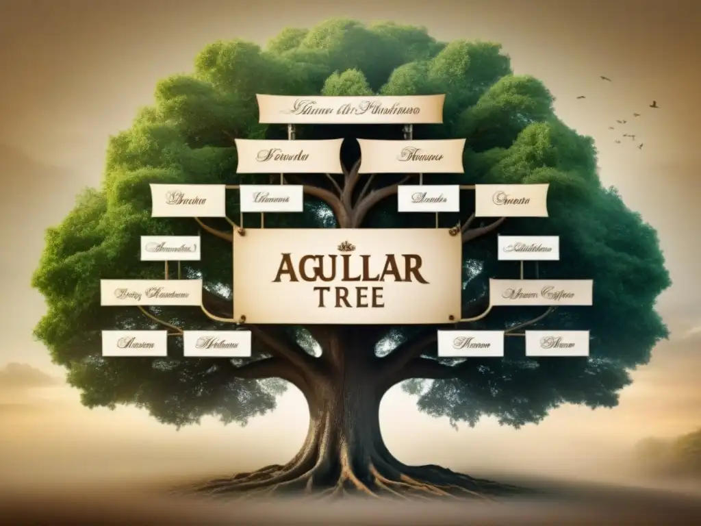 Un antiguo árbol genealógico detallado de la familia Aguilar, con ramas intrincadas y tonos sepia, en pergamino envejecido