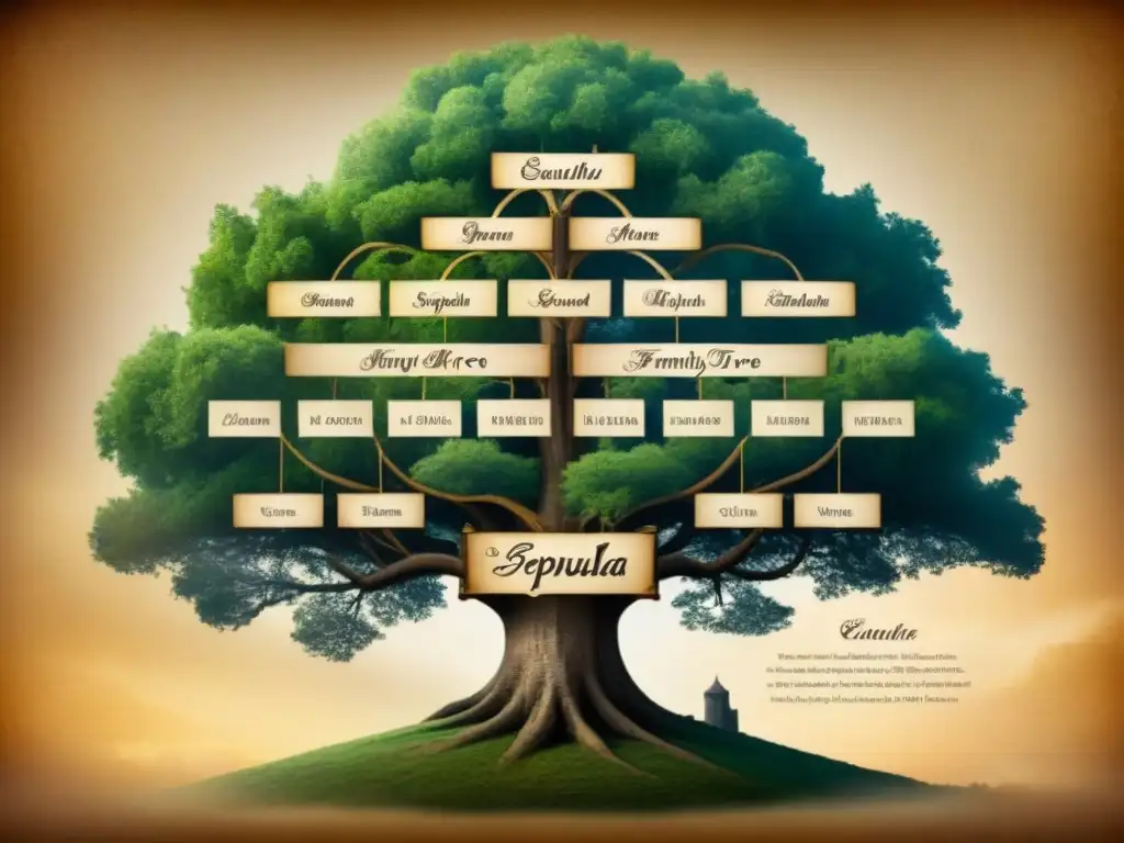 Un antiguo árbol genealógico detallado en sepia mostrando el origen del apellido Sepúlveda desde un castillo medieval castellano