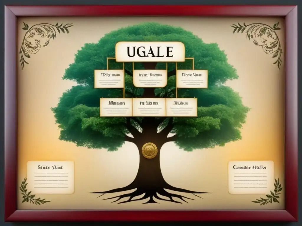 Antiguo árbol genealógico detallado de la familia Ugalde con fotos históricas y elegante caligrafía