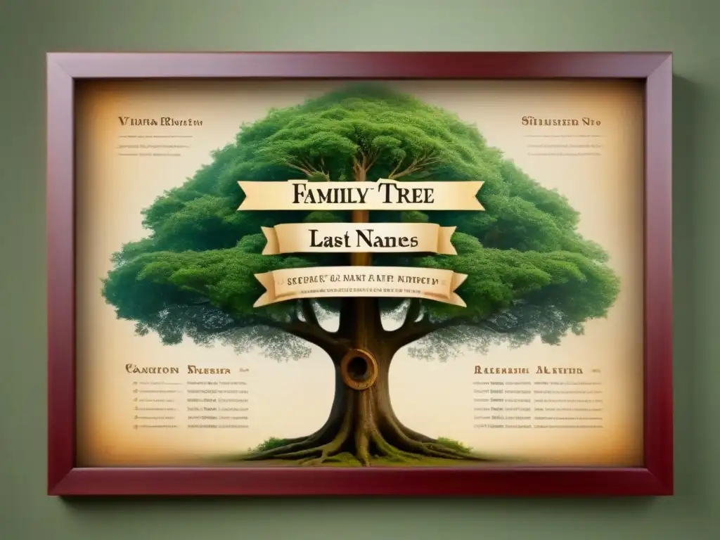 Un antiguo árbol genealógico detallado, con nombres de familias entrelazados en caligrafía, sobre papel pergamino envejecido