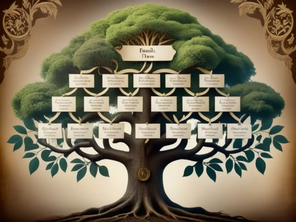 Un antiguo árbol genealógico detallado con historia de apellidos, linajes y genealogía entrelazados