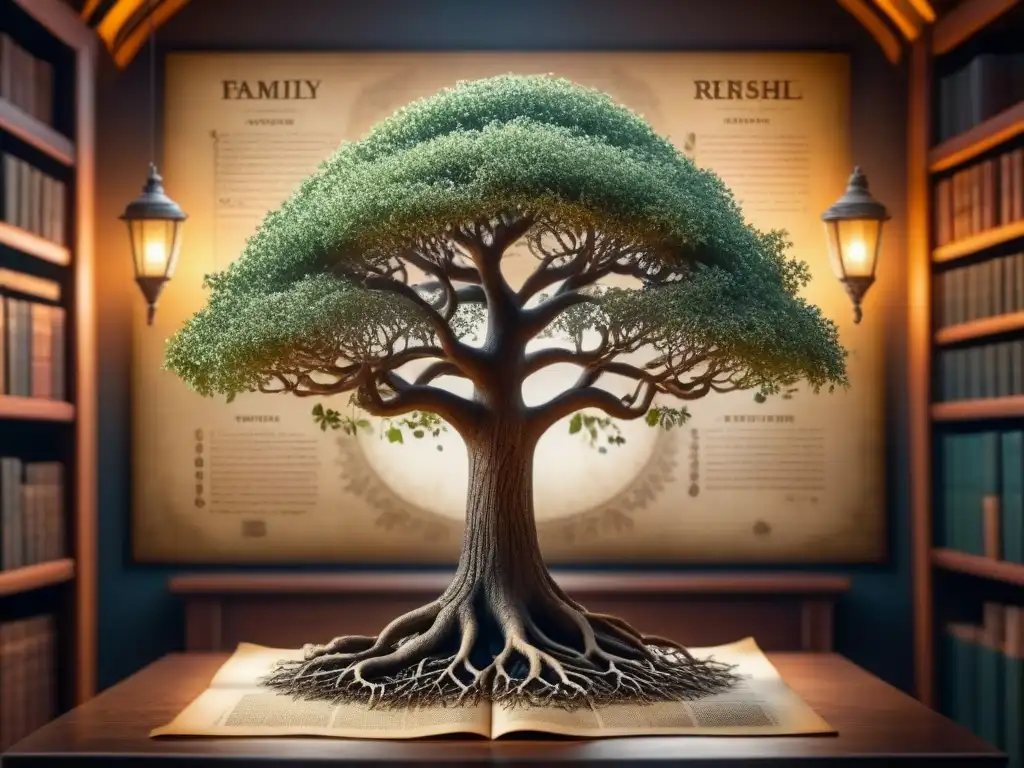 Antiguo árbol genealógico detallado en pergamino, muestra historia de apellidos en genealogía en biblioteca atmosférica