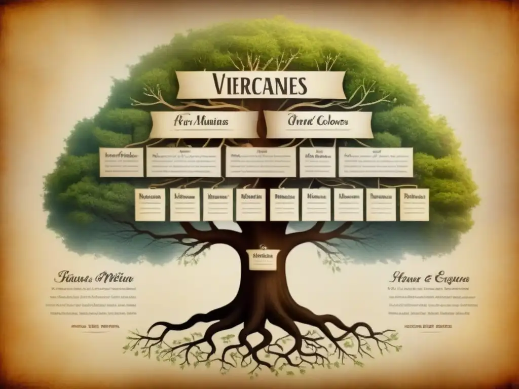 Antiguo árbol genealógico detallado en pergamino, mostrando la evolución de apellidos en genealogía