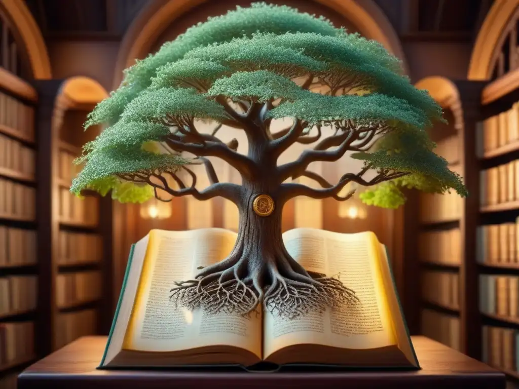 Antiguo árbol genealógico detallado con caligrafía noble y escudos, en una biblioteca polvorienta