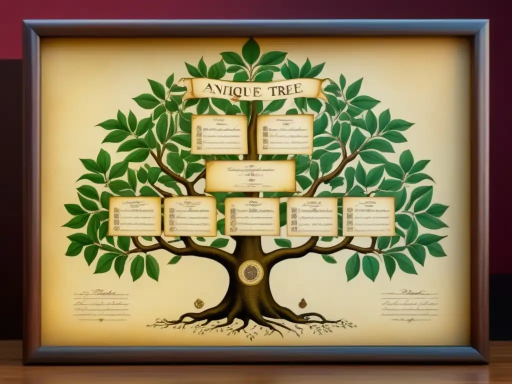Antiguo árbol genealógico detallado en pergamino amarillento con retratos y caligrafía delicada, evocando herencia y tradición