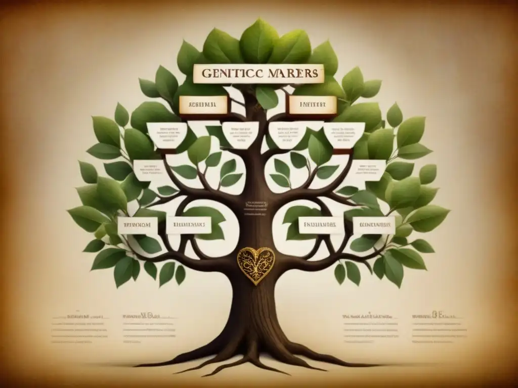 Un antiguo árbol genealógico detallado con marcadores genéticos historia apellidos entrelazados en ilustraciones y caligrafía