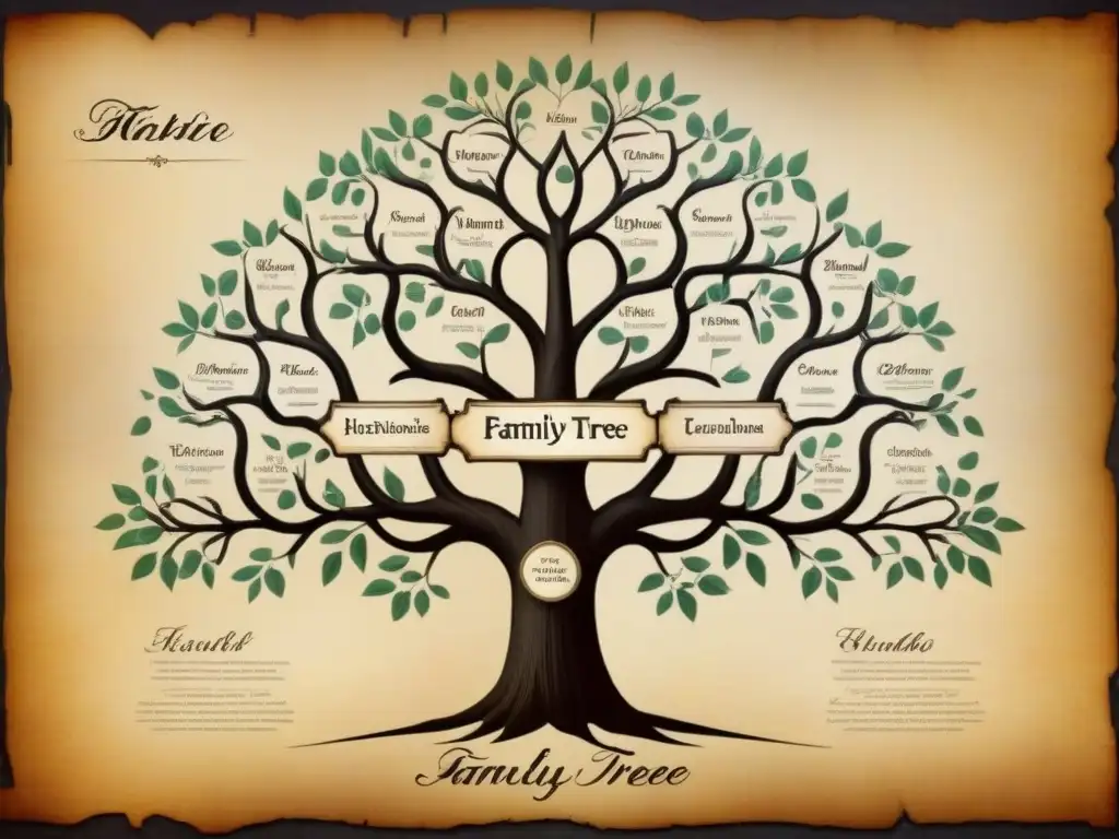 Un antiguo árbol genealógico detallado sobre pergamino, evocando historia y linaje