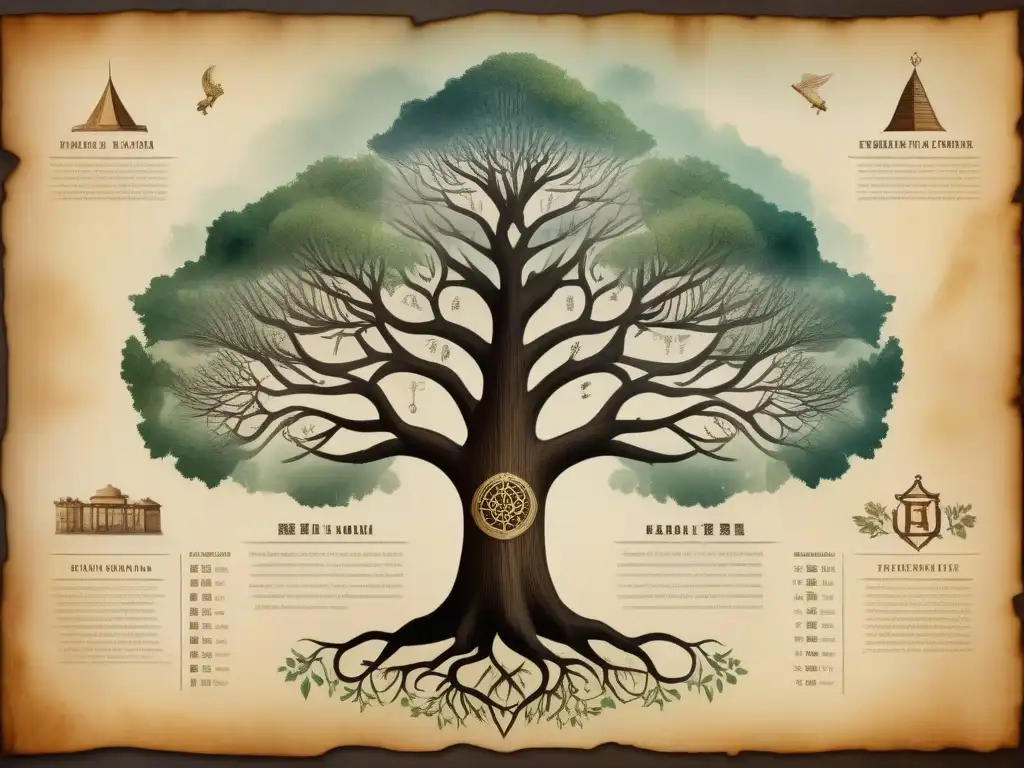 Antiguo árbol genealógico detallado en pergamino, ilustrado con caligrafía y símbolos históricos