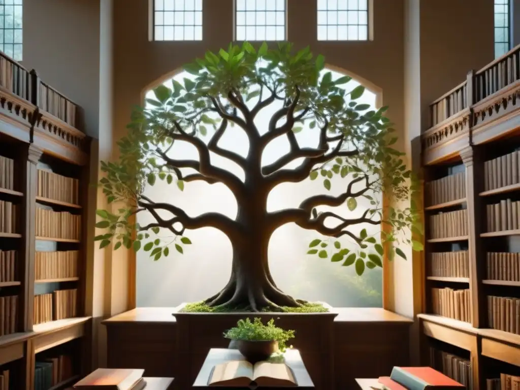 Antiguo árbol genealógico detallado en biblioteca polvorienta: exploración genealógica con métodos modernos