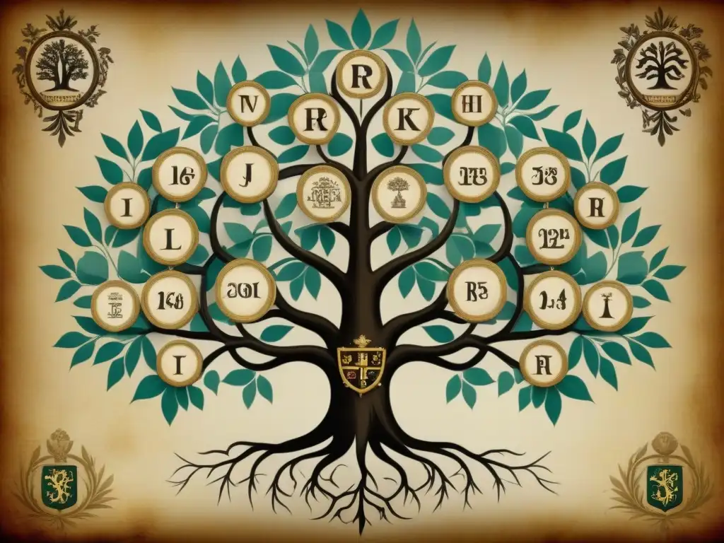 Un antiguo árbol genealógico detallado, con escudos nobles, enredaderas y símbolos heráldicos, sobre pergamino envejecido