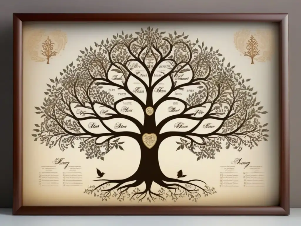 Un antiguo árbol genealógico detallado con caligrafía y decoraciones intrincadas, mostrando la historia de apellidos y genealogía