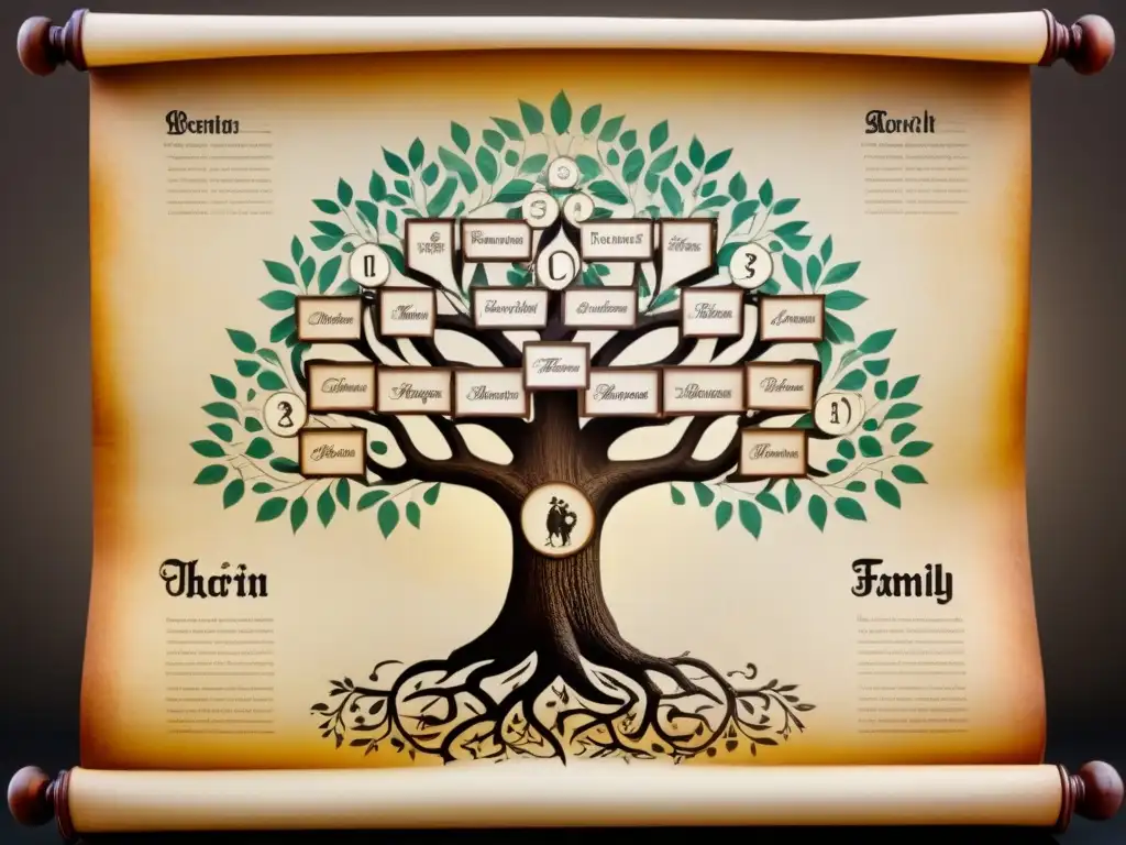 Un antiguo árbol genealógico detallado en pergamino, con caligrafía e iconos históricos representando movilidad social