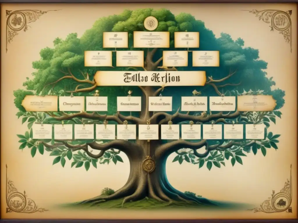 Un antiguo árbol genealógico con detalles de caligrafía detallada, representando la genealogía de apellidos en Europa