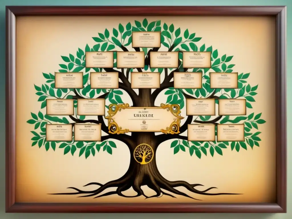 Un antiguo árbol genealógico con escudos de armas en pergamino envejecido y caligrafía detallada, representando la historia de apellidos y linajes