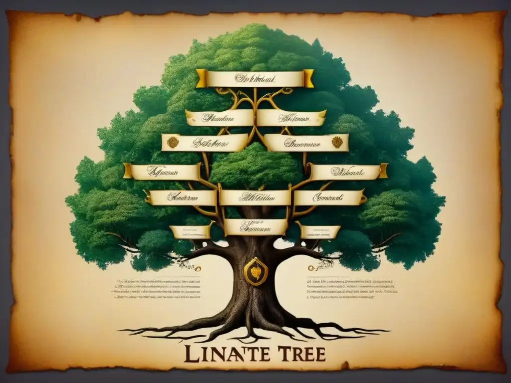 Un antiguo árbol genealógico de la familia Infante, con escudos nobles, retratos históricos y ramas entrelazadas