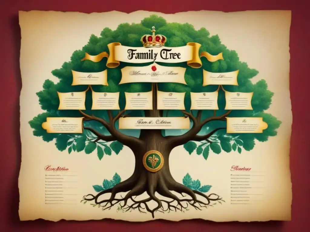 Un antiguo árbol genealógico de la familia Gutiérrez, con detalles de historia y símbolos familiares en pergamino sepia envejecido