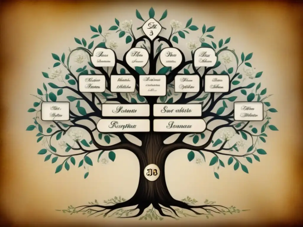 Un antiguo árbol genealógico familiar en pergamino, muestra la historia apellidos genealogía social con caligrafía y detalles florales