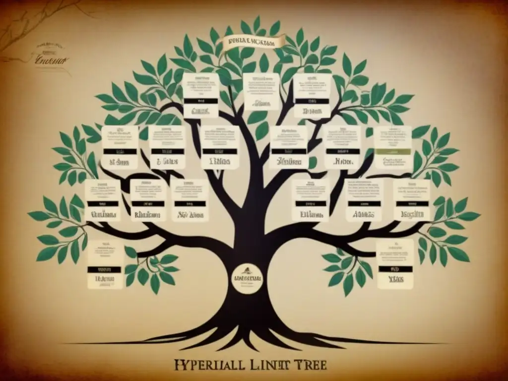 Un antiguo árbol genealógico familiar detallando la historia del apellido De la Garza, con conexiones sorprendentes entre ancestros nobles y comunes, y delicada caligrafía en un pergamino desgastado