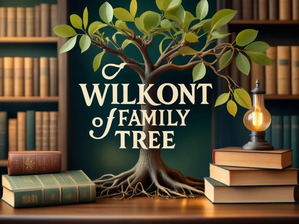 Antiguo árbol genealógico familiar de los Wilkinson en biblioteca misteriosa