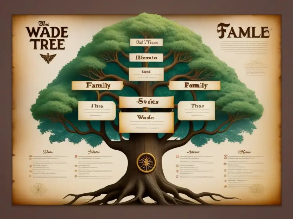 Antiguo árbol genealógico familiar de los Wade con detalles históricos y caligrafía ornamental