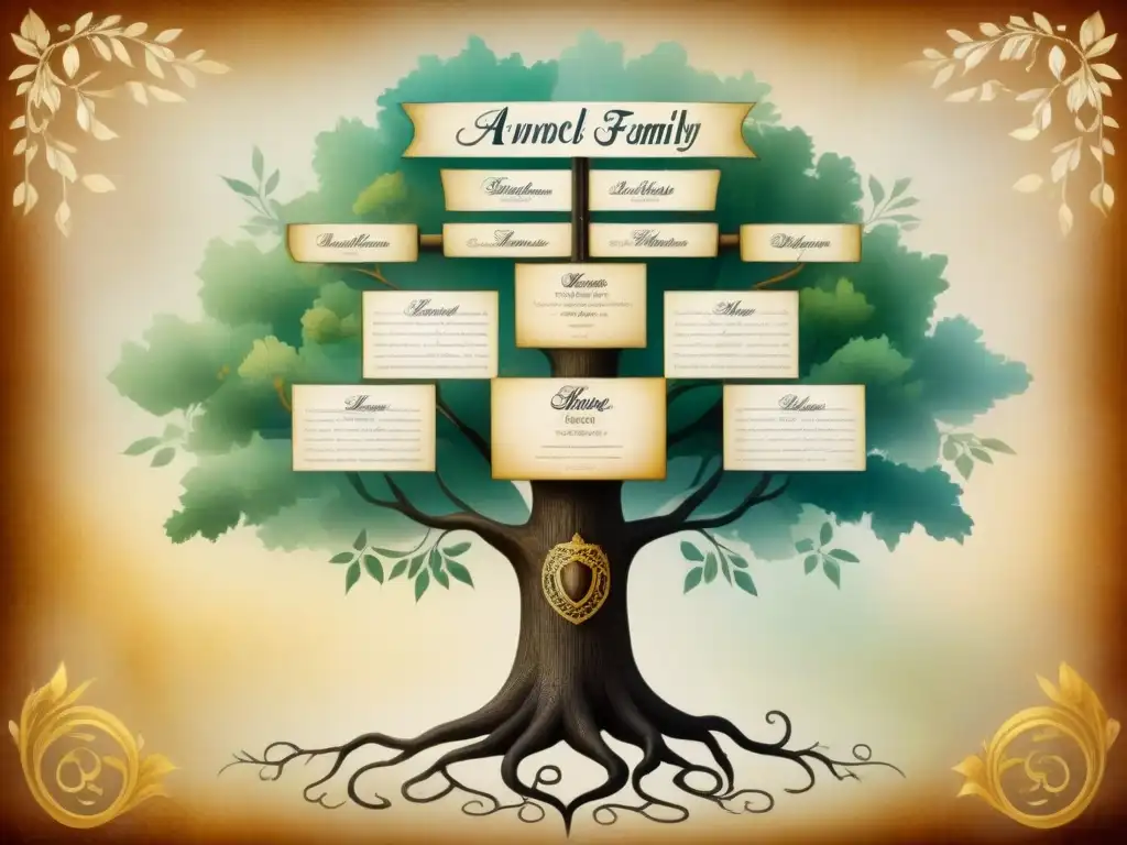 Un antiguo árbol genealógico familiar con caligrafía detallada, ilustraciones de escudos y linajes