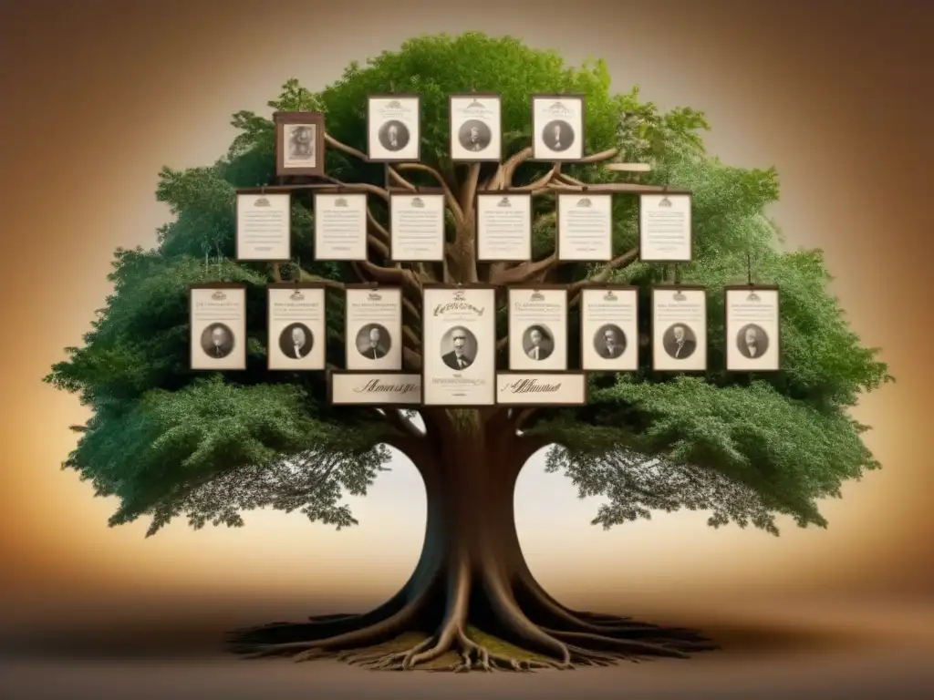 Un antiguo árbol genealógico con intrincada caligrafía y fotos sepia de ancestros, ilustrando la historia de apellidos y genealogía