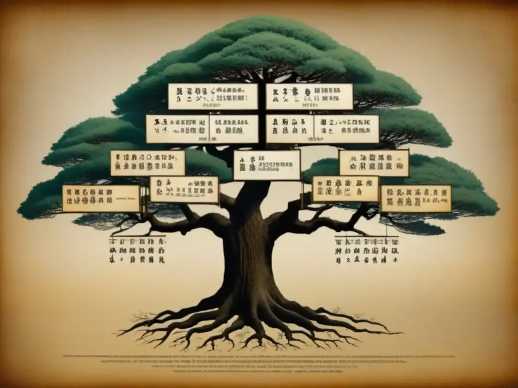 Un antiguo árbol genealógico japonés detallado con caligrafía y tonos sepia, muestra la historia de apellidos japoneses genealogía