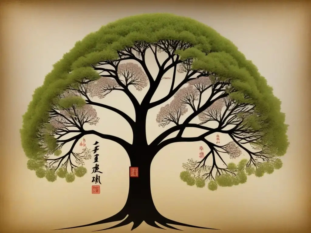 Antiguo árbol genealógico japonés en papel washi con nombres en kanji y motivos de cerezos, evocando historia y tradición