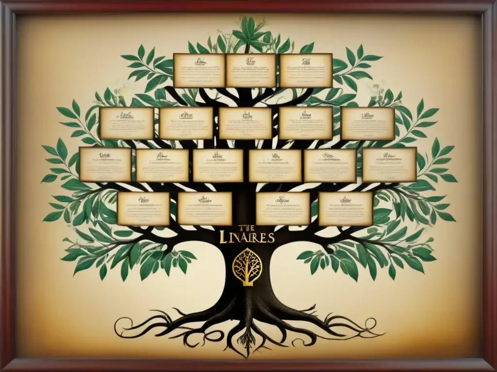 Árbol genealógico vintage de la familia Linares Un antiguo árbol genealógico detallando el linaje del apellido Linares con caligrafía ornamental
