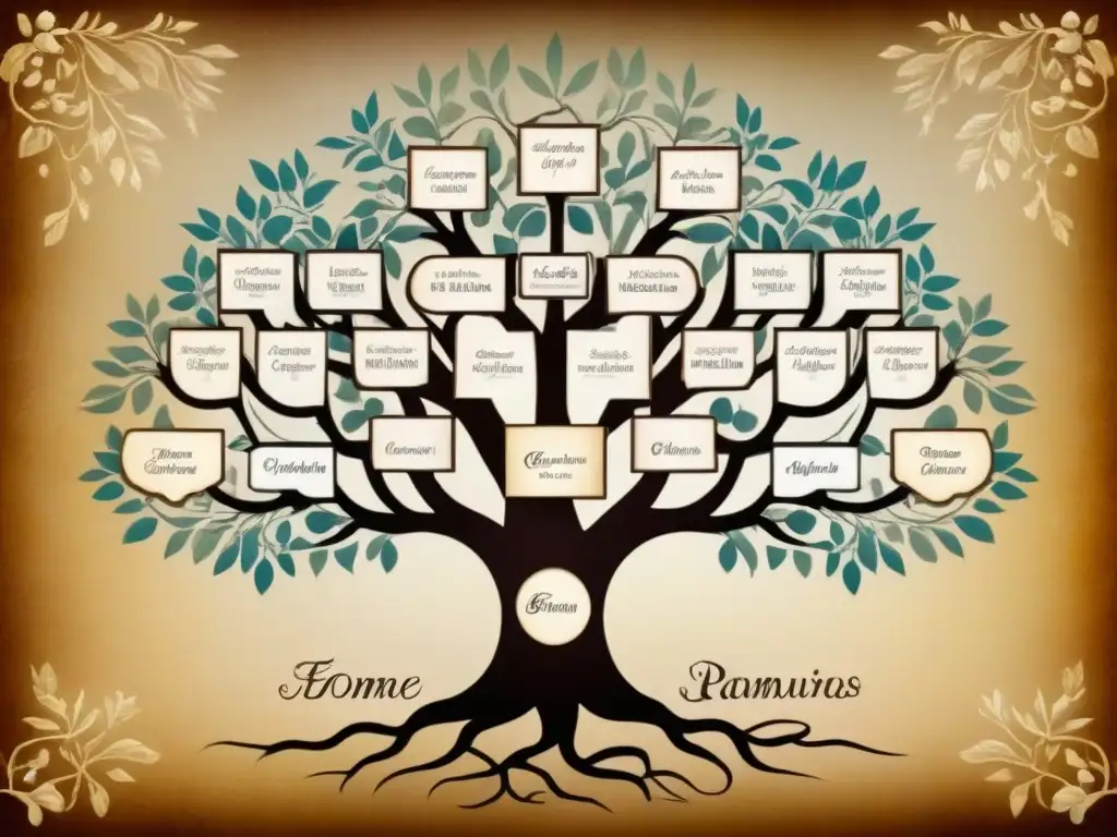 Un antiguo árbol genealógico con nombres bíblicos y apellidos europeos, ilustrado en pergamino en tonos terrosos