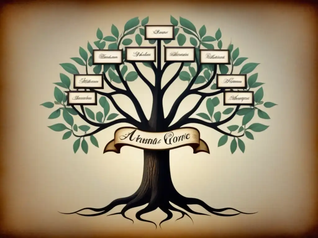 Antiguo árbol genealógico con nombres de familia con la letra 'A', rodeado de elementos botánicos y caligrafía elegante en pergamino envejecido