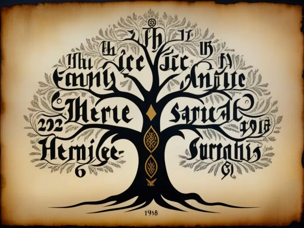 Antiguo árbol genealógico en sepia detallando Origen y evolución de apellidos, con caligrafía ancestral y marcas de tiempo