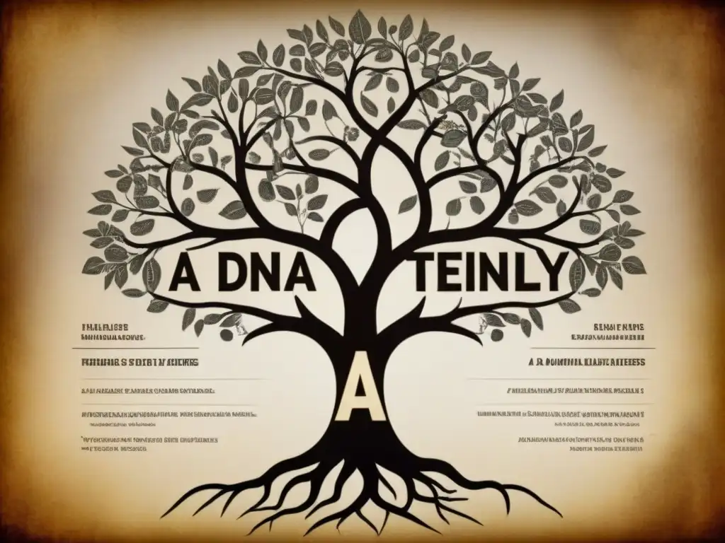 Antiguo árbol genealógico con origenes apellidos ADN genealogía entrelazados en tonos sepia