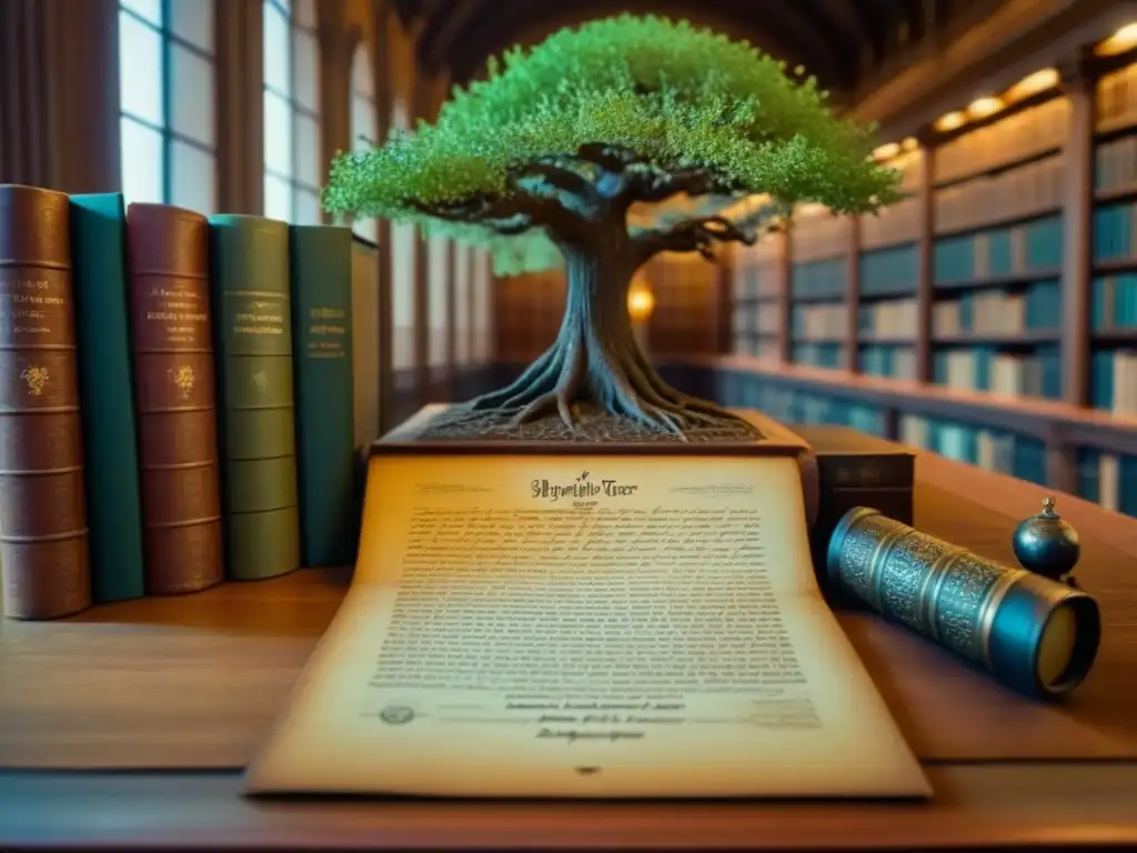 Antiguo árbol genealógico en papel envejecido, detallado con caligrafía, en biblioteca antigua sepia