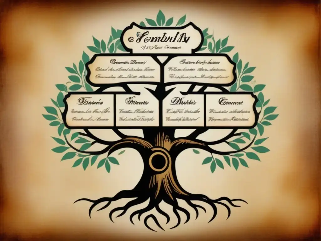 Un antiguo árbol genealógico en pergamino, detallando la historia de apellidos y genealogía