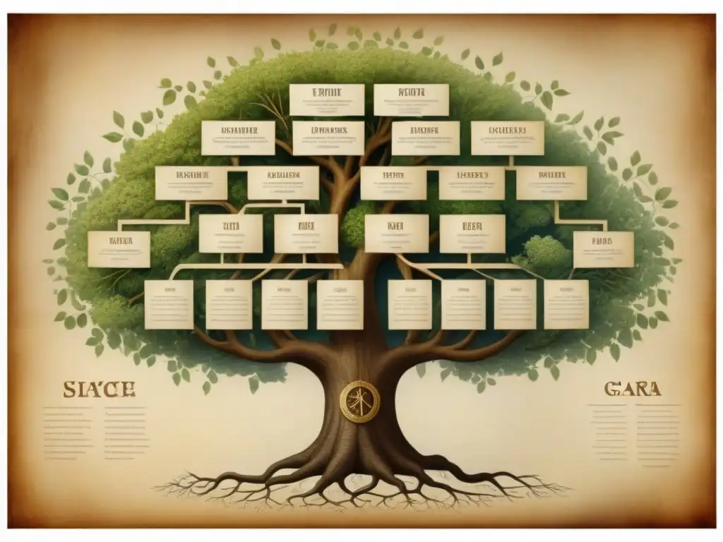 Antiguo árbol genealógico en pergamino con apellidos del siglo XX, evocando nostalgia y legado