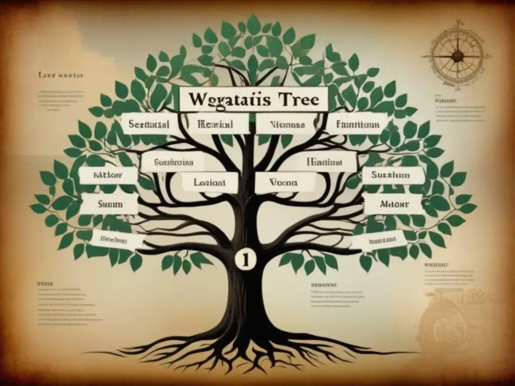 Antiguo árbol genealógico sepia con ramas entrelazadas y apellidos representando origen migratorio