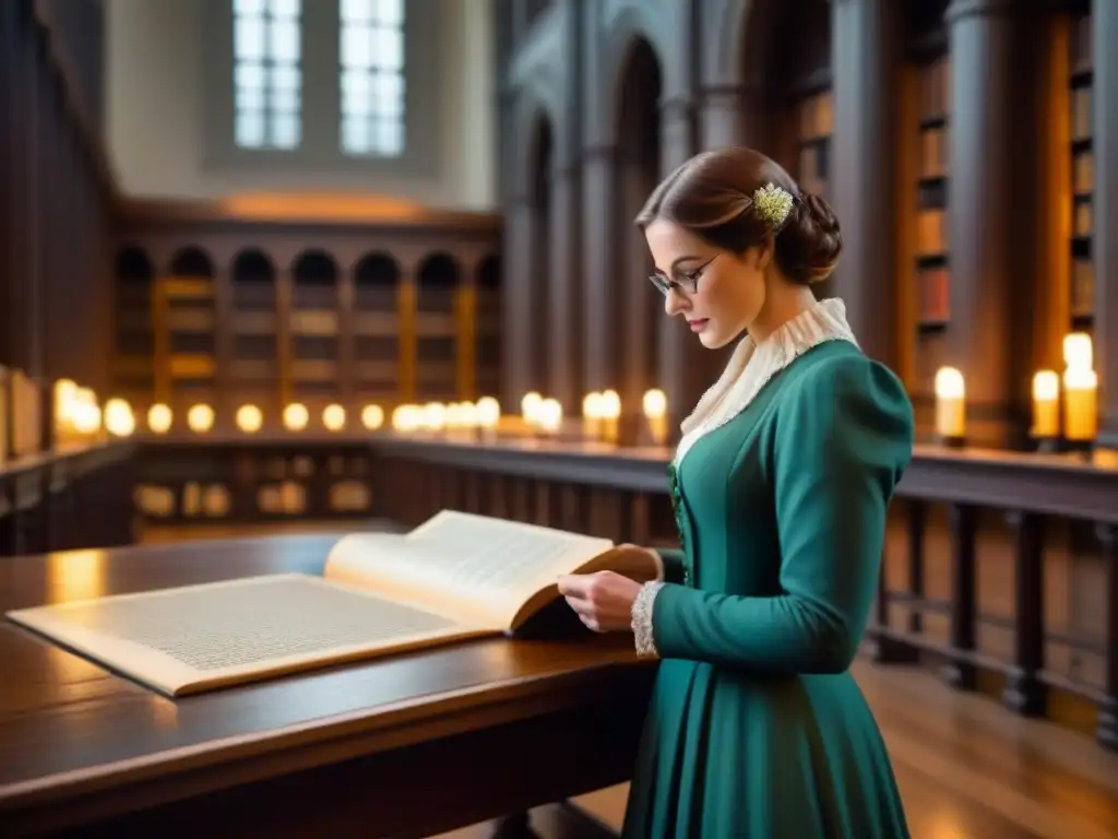 Un antiguo archivo de genealogía en una biblioteca iluminada por velas