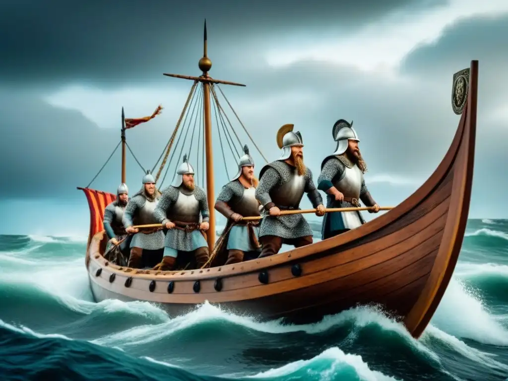 Un antiguo barco vikingo surca mares turbulentos con guerreros a bordo, evocando historia y aventura en la evolución de linajes