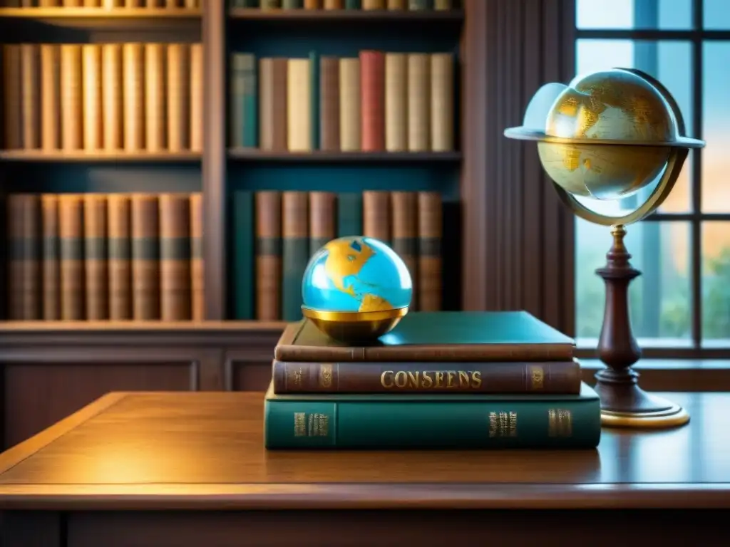 Un antiguo rincón de biblioteca con libros de cuero, mesa de madera y globo terráqueo