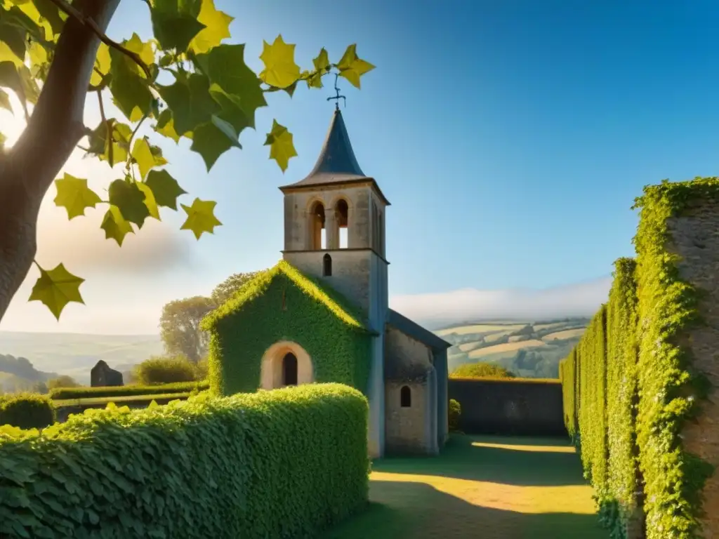 El antiguo campanario de una iglesia europea cubierto de hiedra, bañado por la cálida luz del sol, con vidrieras detalladas y paisaje sereno