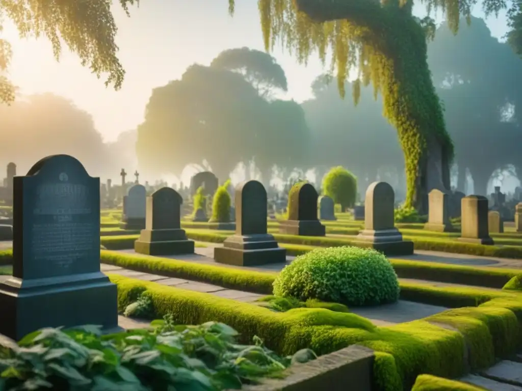 Antiguo cementerio con tumbas cubiertas de musgo, rodeado de árboles centenarios al atardecer